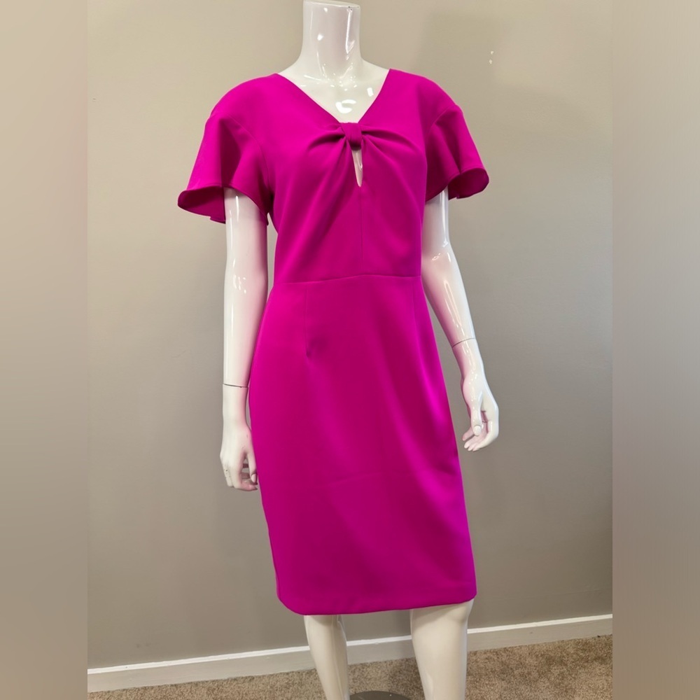 BLACK HALO ABANNA Keyhole Crepe Sheath Fuchsia Pink Dress 10 Flutter Sleeve